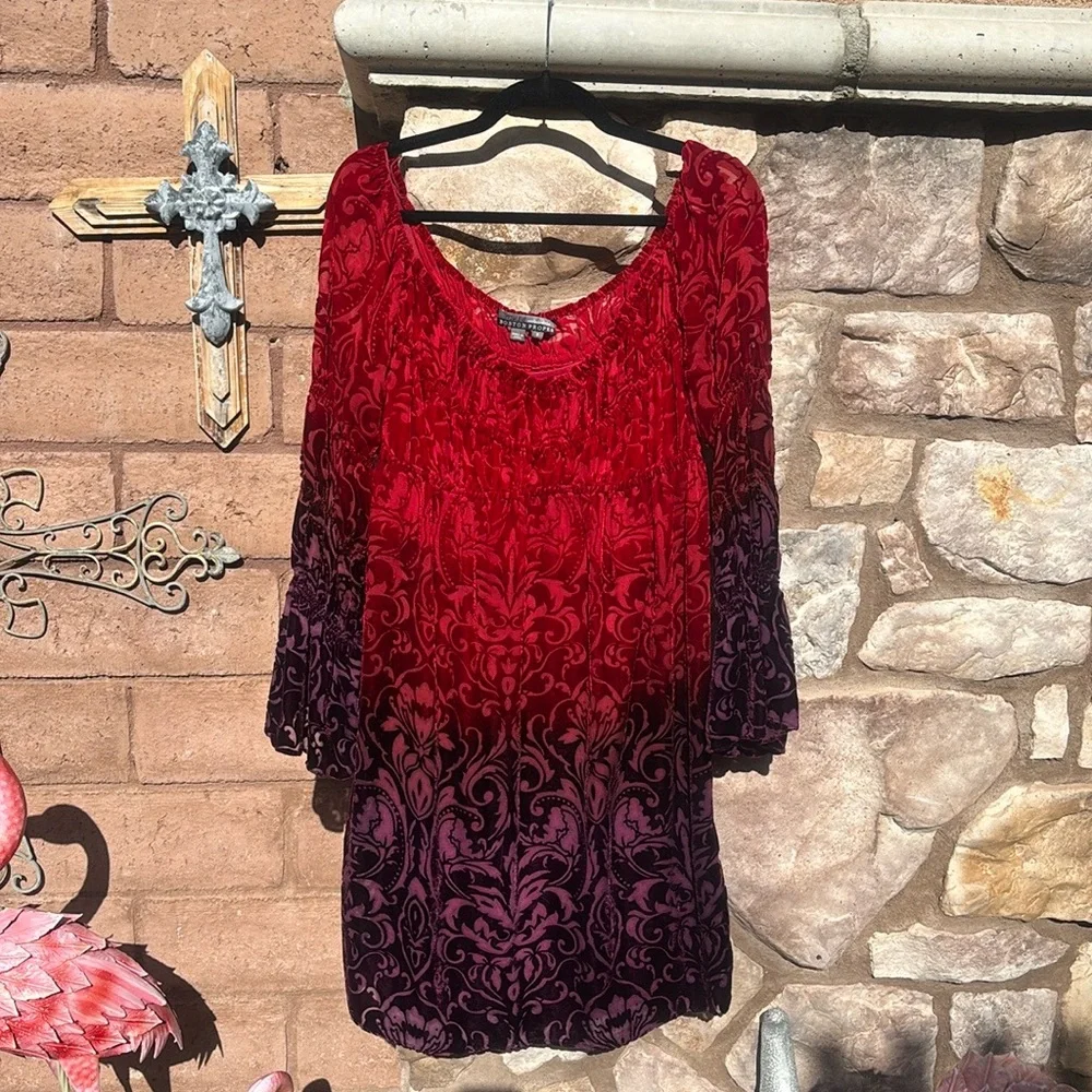 Muse Boston Proper Dress Velvet Silk Peasant Ombré Red Long Sleeve Sz 8 Boho - Picture 10 of 10